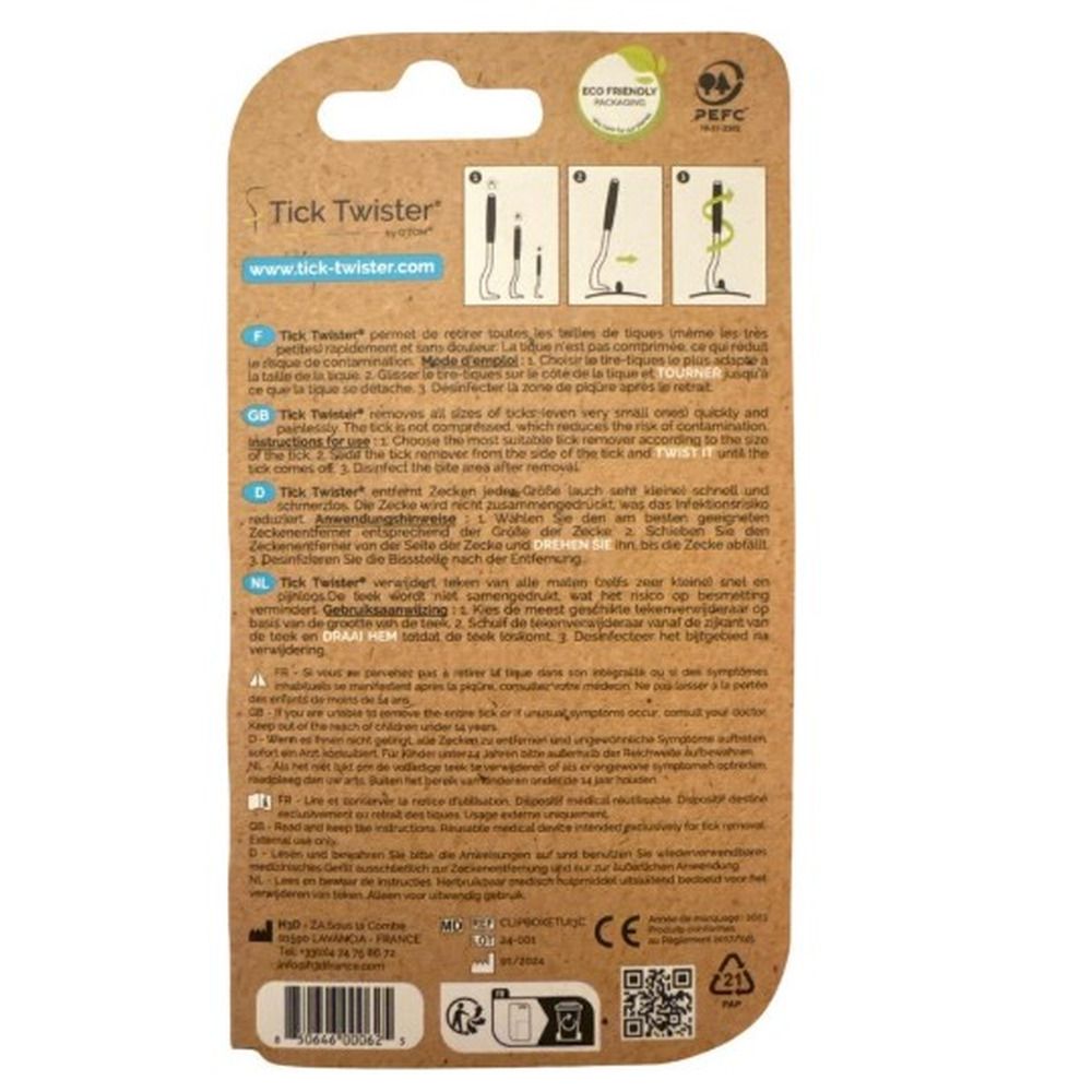 Dos de l'emballage Tick Twister® avec instructions d'utilisation et certifications écologiques.