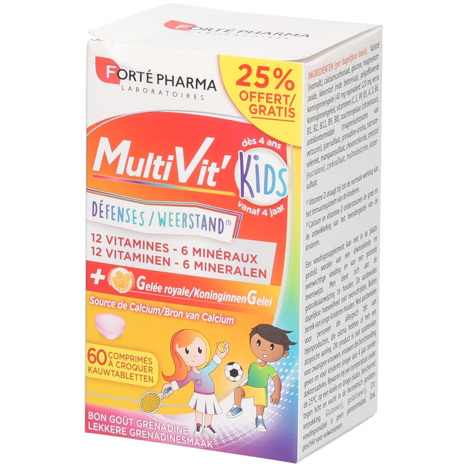 Boîte de 60 comprimés à croquer MultiVit Kids, pour enfants dès 4 ans, avec 12 vitamines et 6 minéraux.