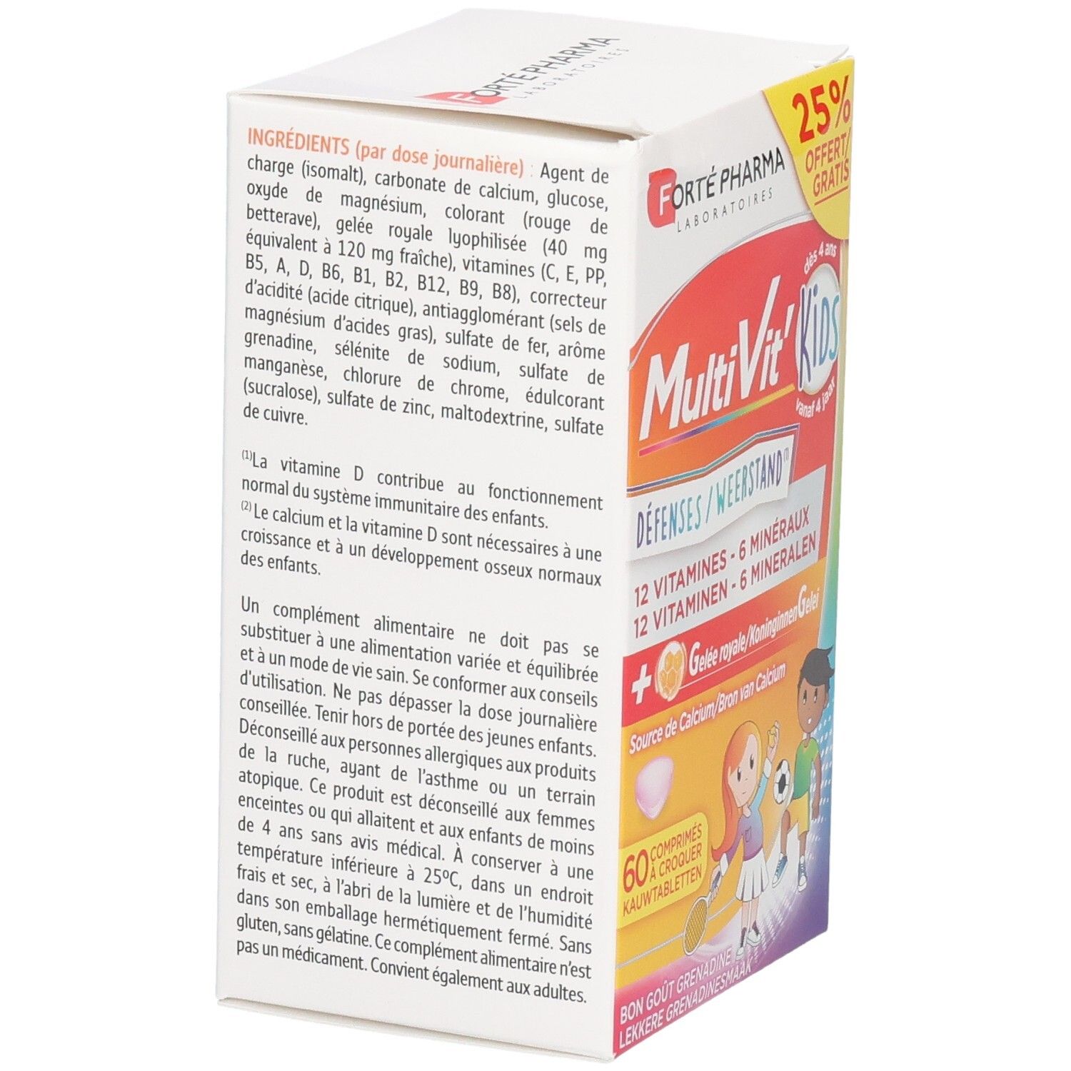 Arrière de la boîte MultiVit Kids avec liste des ingrédients et conseils d'utilisation pour 60 comprimés.