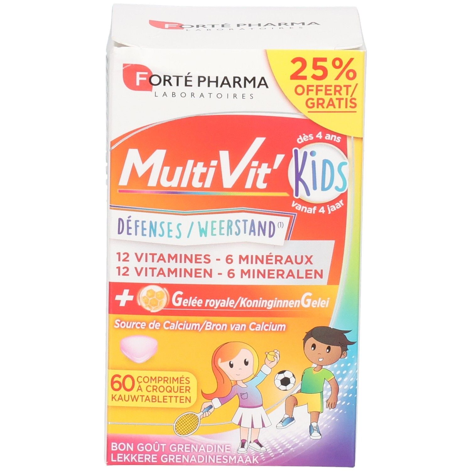 Face avant de la boîte MultiVit Kids, 60 comprimés, pour enfants dès 4 ans, avec 12 vitamines et 6 minéraux.