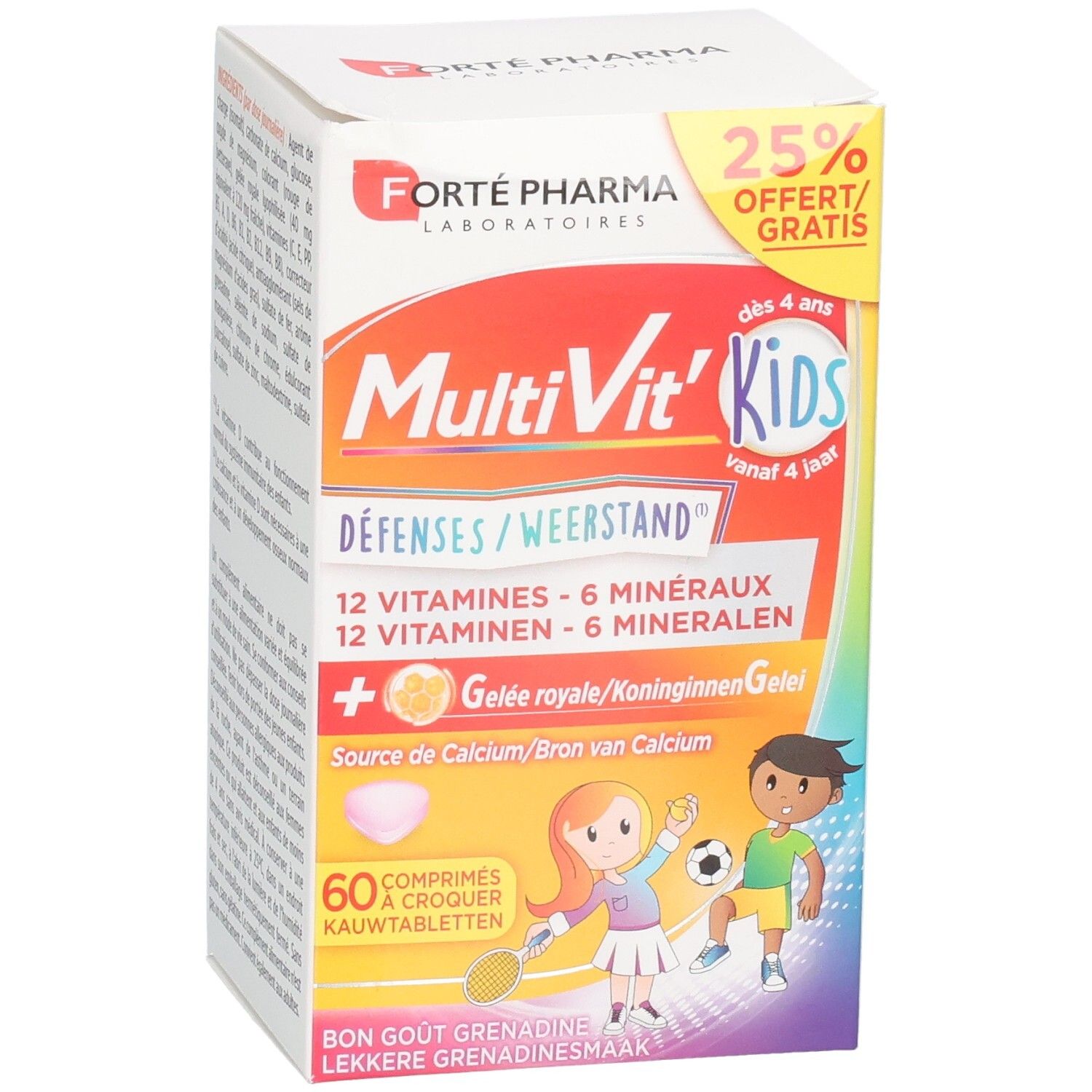 Boîte de comprimés à croquer MultiVit Kids, 60 pièces, pour enfants dès 4 ans, avec 12 vitamines et 6 minéraux.