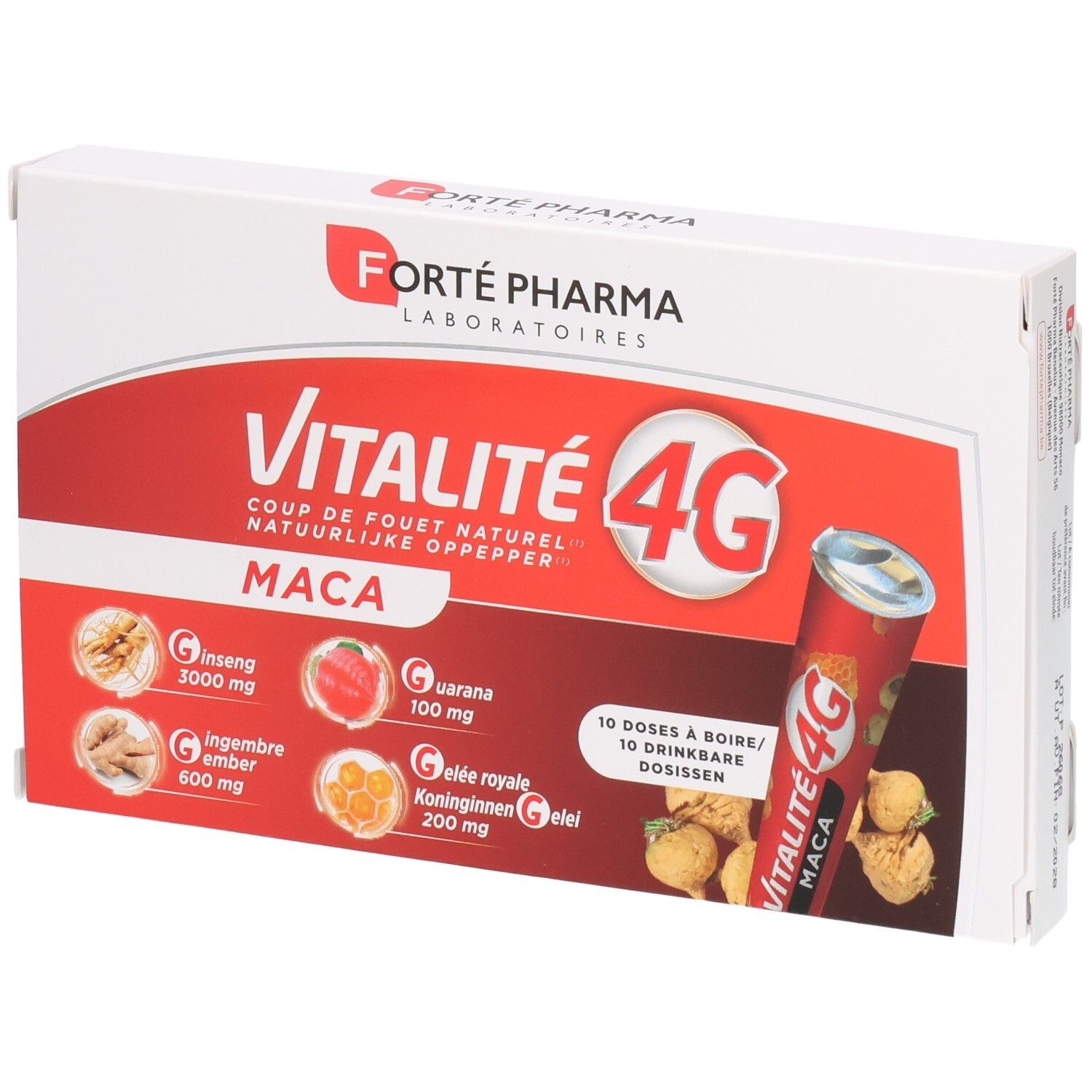 Boîte Vitalité 4G MACA de 10 doses à boire. Contient Ginseng, Guarana, Gingembre et Gelée Royale.