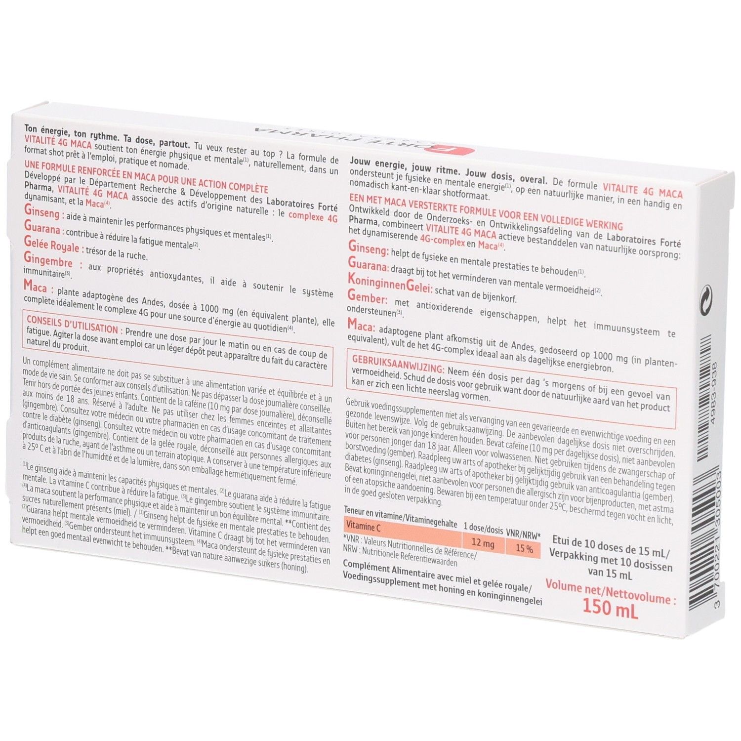 Arrière de la boîte Vitalité 4G MACA avec informations détaillées sur le produit et les ingrédients.