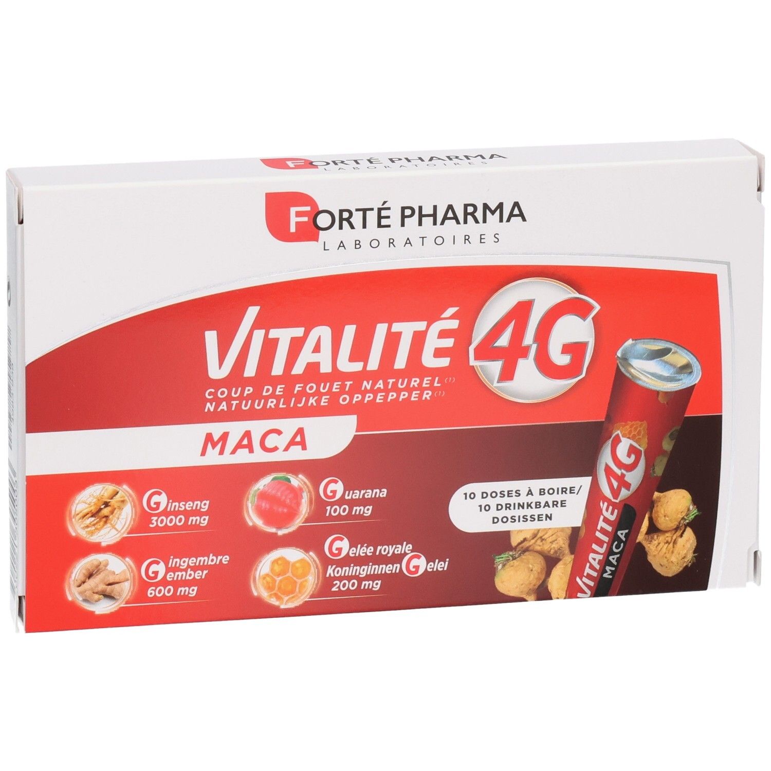 Boîte Vitalité 4G MACA de 10 doses à boire. Contient Ginseng, Guarana, Gingembre et Gelée Royale.