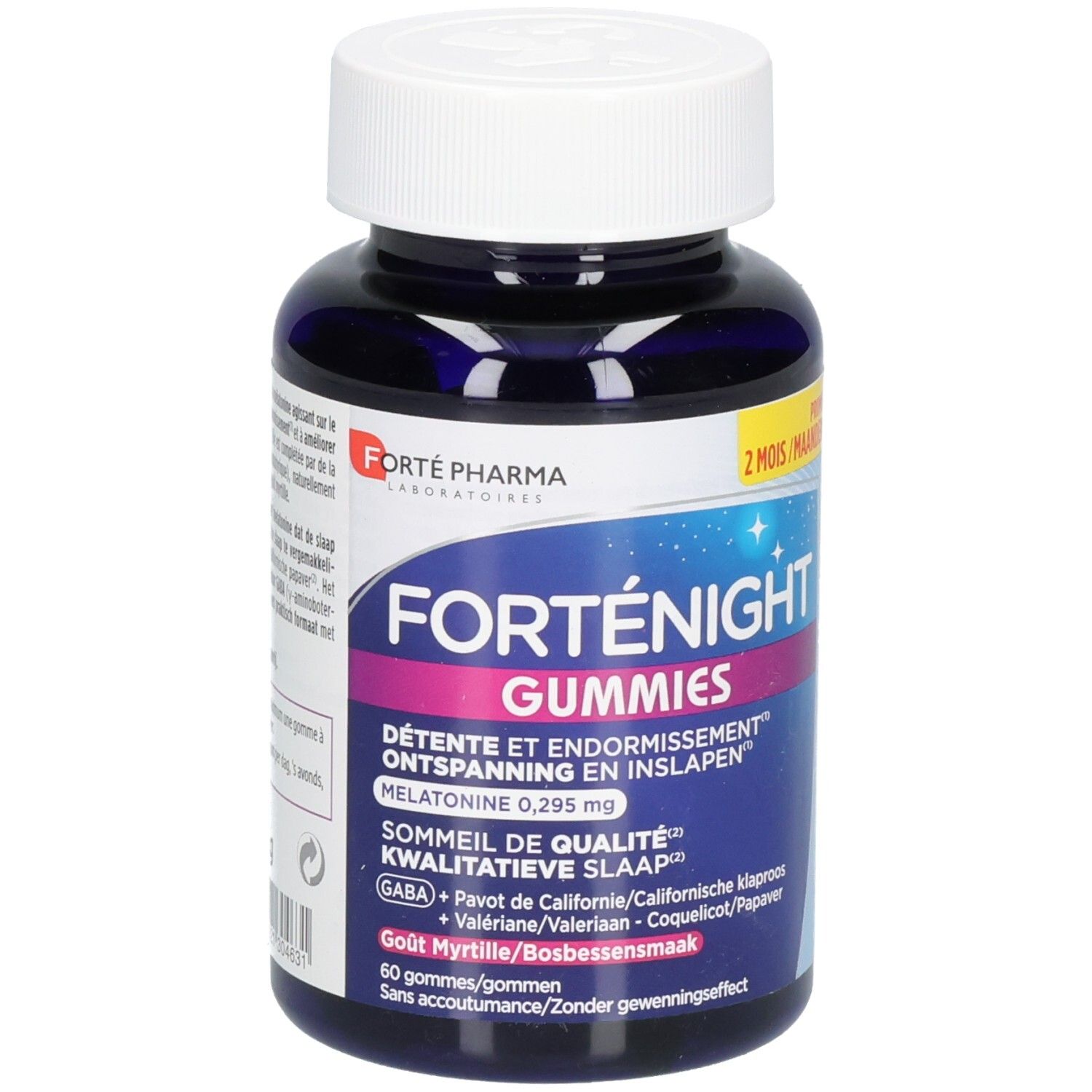 FortéNight Gummies dans un flacon bleu foncé avec bouchon blanc. Contient 60 gommes.