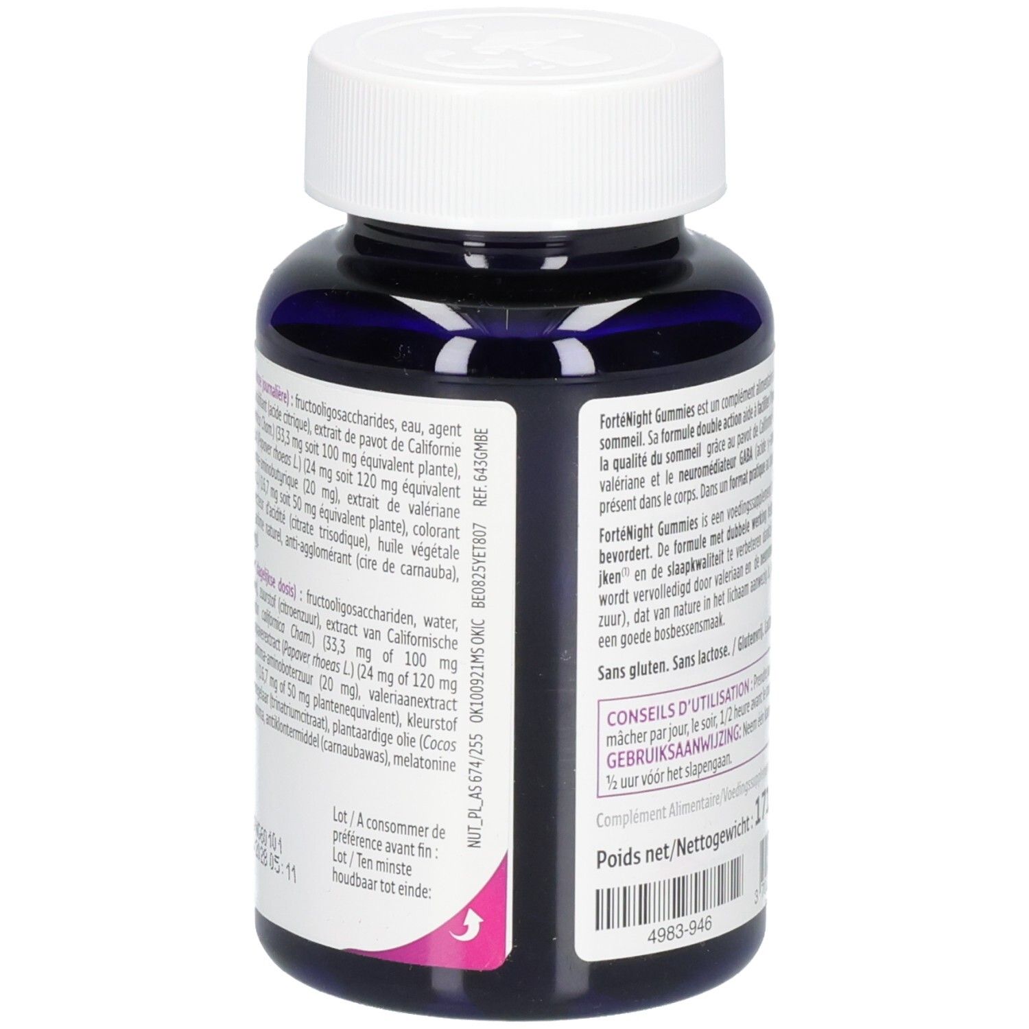 Vue latérale du flacon FortéNight Gummies avec détails des ingrédients.