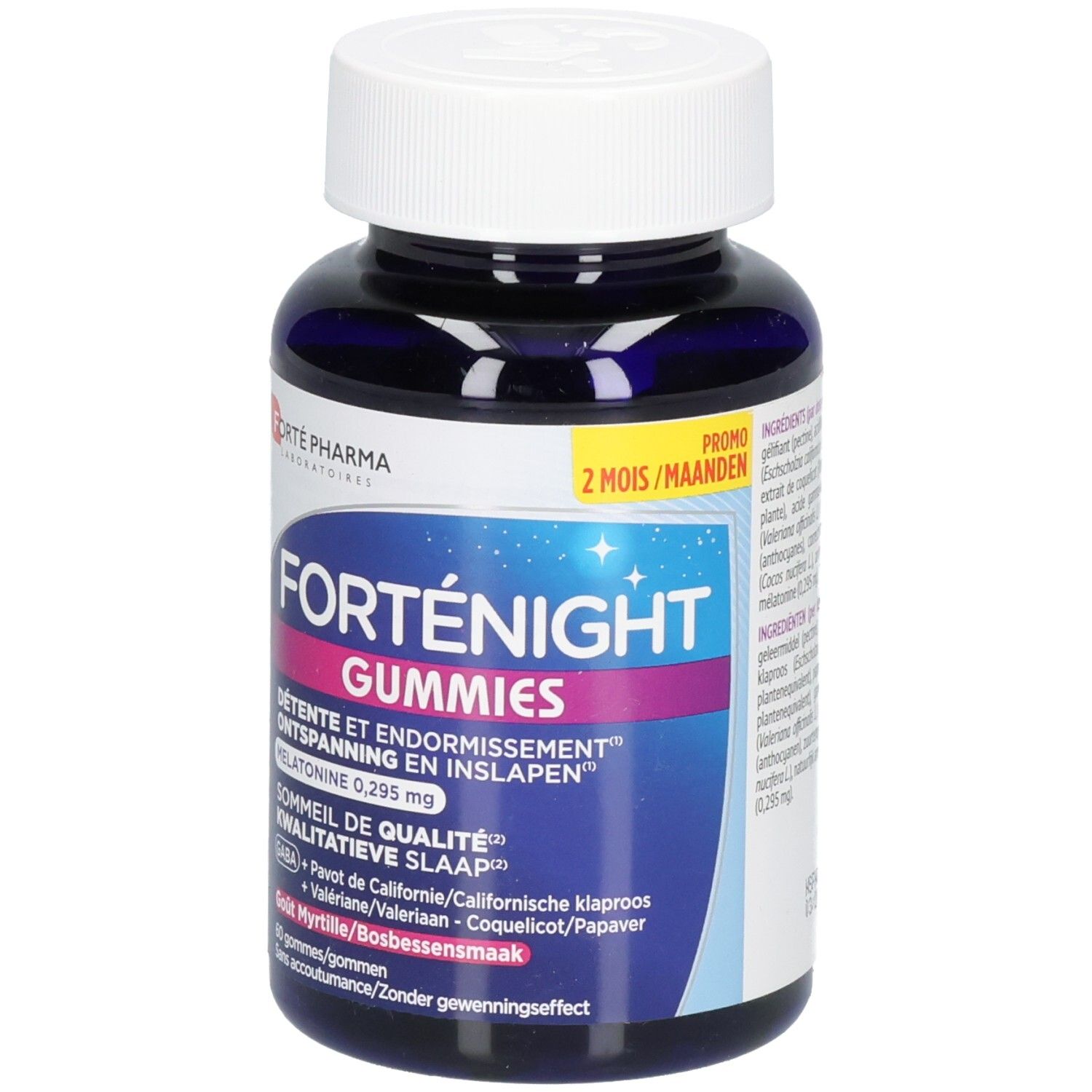 Flacon FortéNight Gummies mettant en avant l'étiquette et le nom du produit.