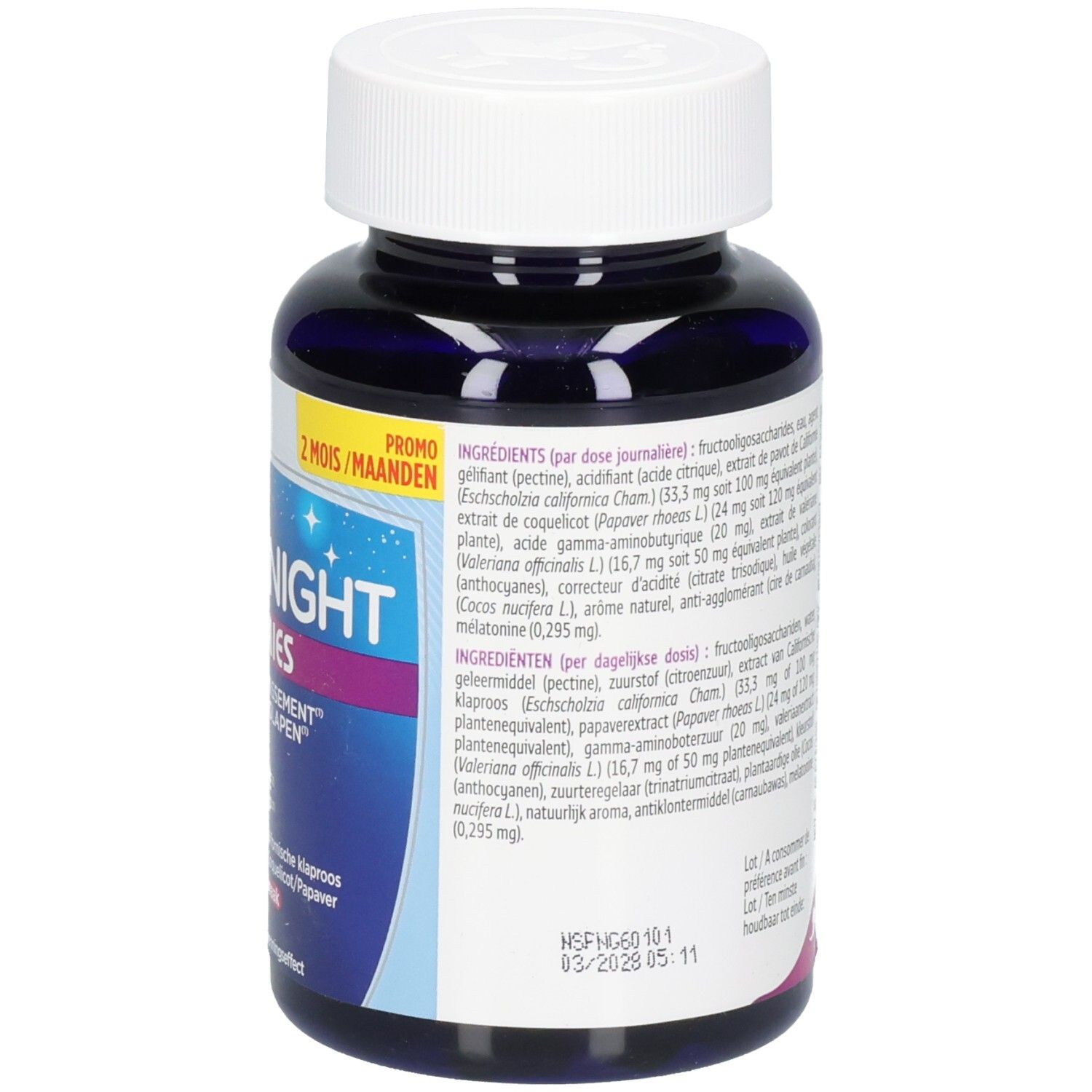 Flacon FortéNight Gummies avec étiquette indiquant les ingrédients et la quantité de mélatonine.