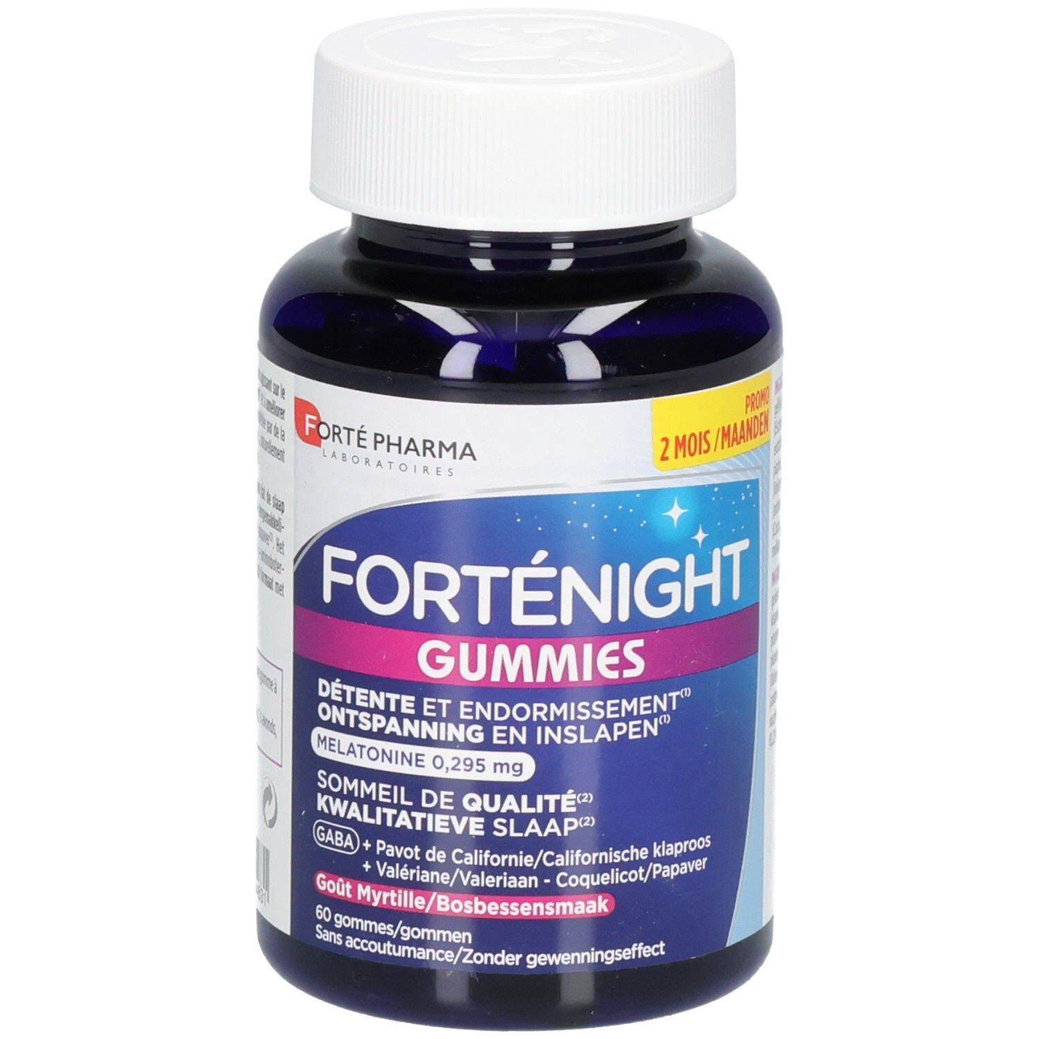 Flacon FortéNight Gummies, vue de face avec étiquette et informations produit.