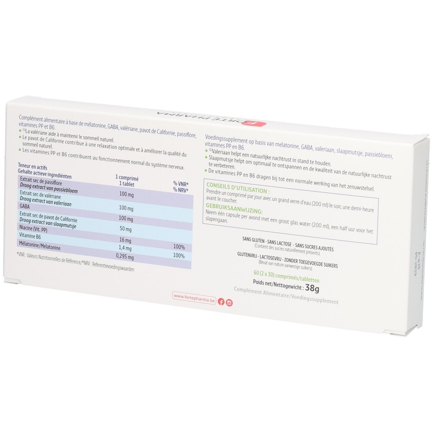 Dos de la boîte Forté Pharma Fortenight 8h de 2x 30 comprimés, avec liste des ingrédients.