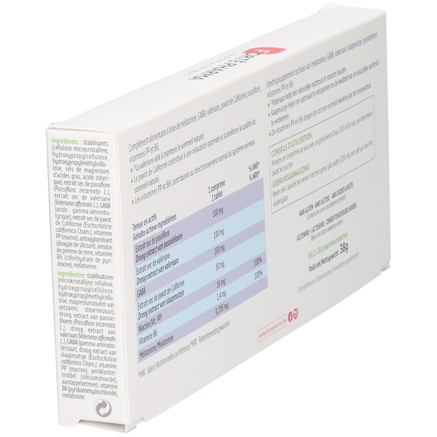 Dos de la boîte Forté Pharma Fortenight 8h de 2x 30 comprimés, avec liste des ingrédients.