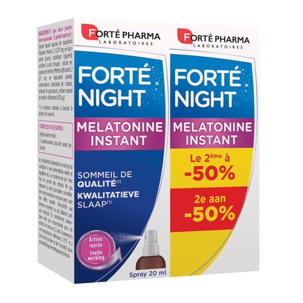 Emballage avec deux flacons de spray Forté Pharma Forté Night Melatonine Instant, 20 ml.