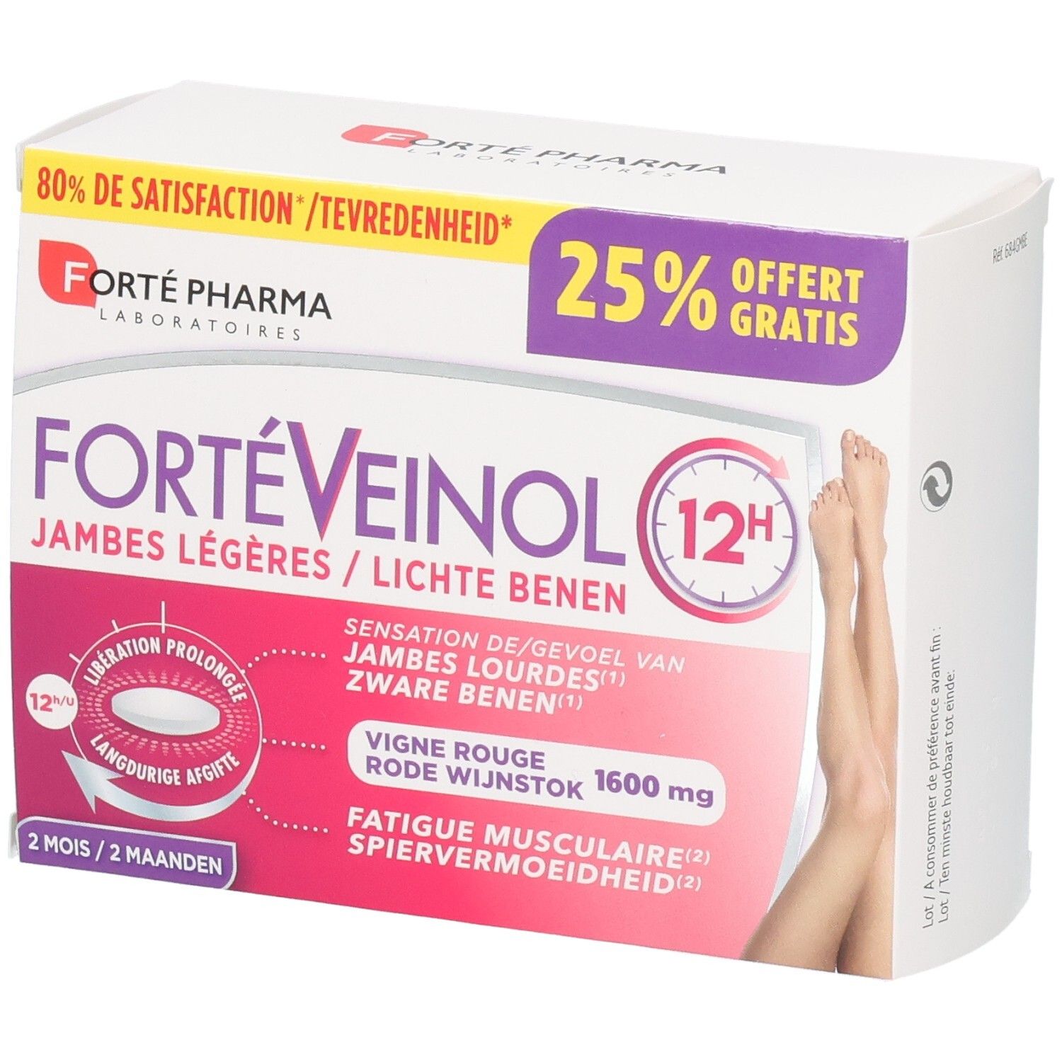FortéVeinol 12H boîte de 60 comprimés pour jambes légères. Contient 1600 mg de vigne rouge.