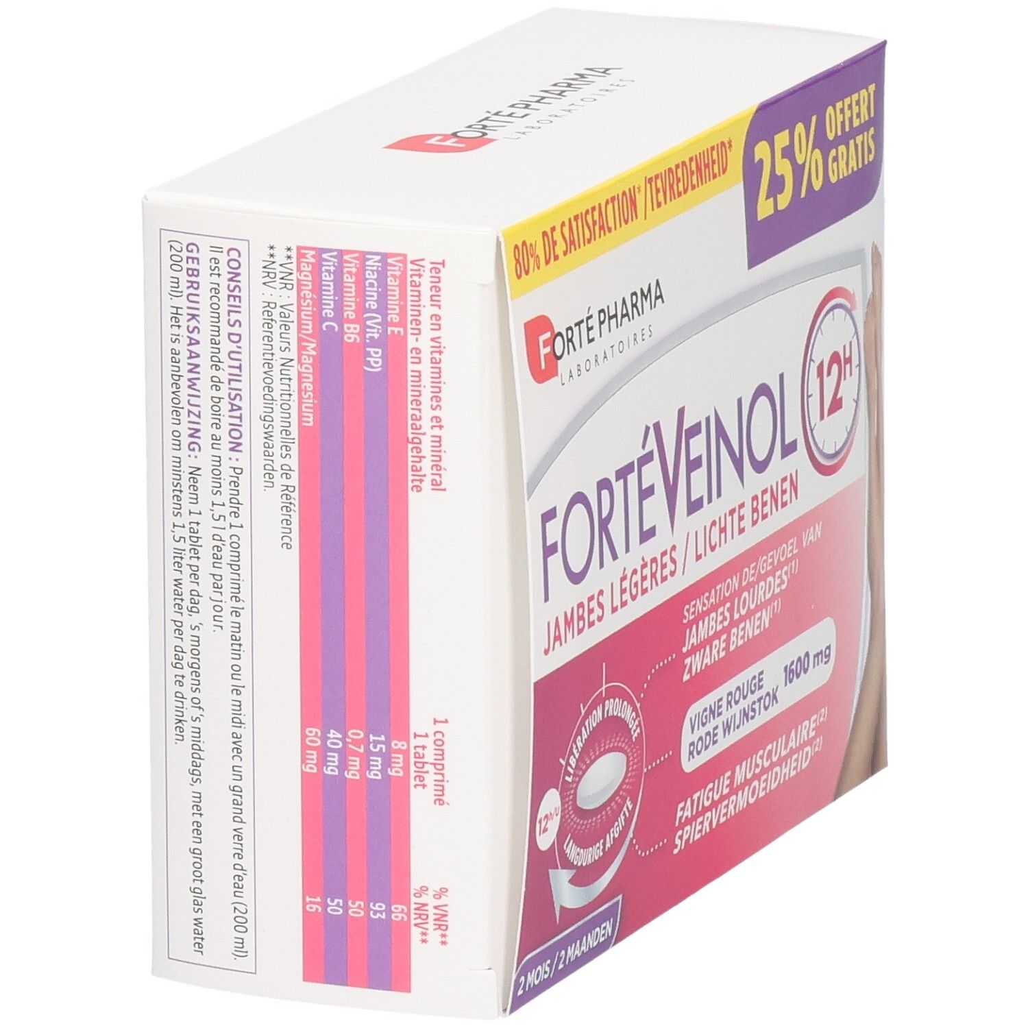 FortéVeinol 12H boîte de 60 comprimés, verso avec informations nutritionnelles et conseils d'utilisation.