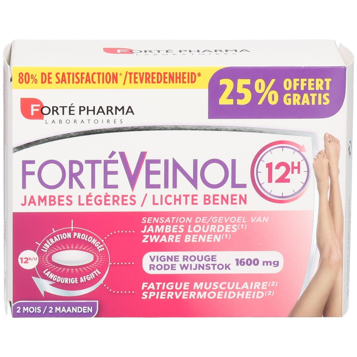 FortéVeinol 12H boîte de 60 comprimés pour jambes légères. Contient 1600 mg de vigne rouge.