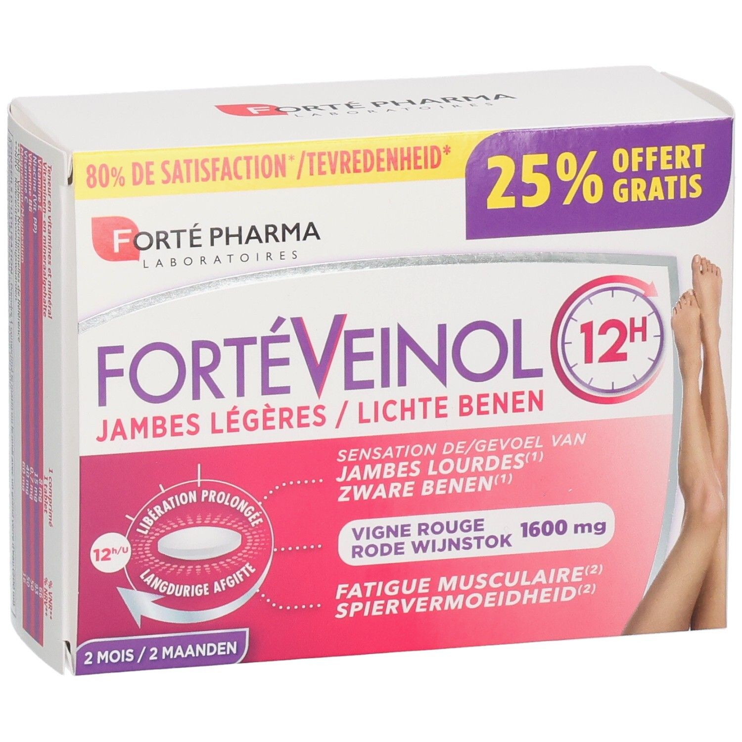 FortéVeinol 12H boîte de 60 comprimés pour jambes légères. Contient 1600 mg de vigne rouge.