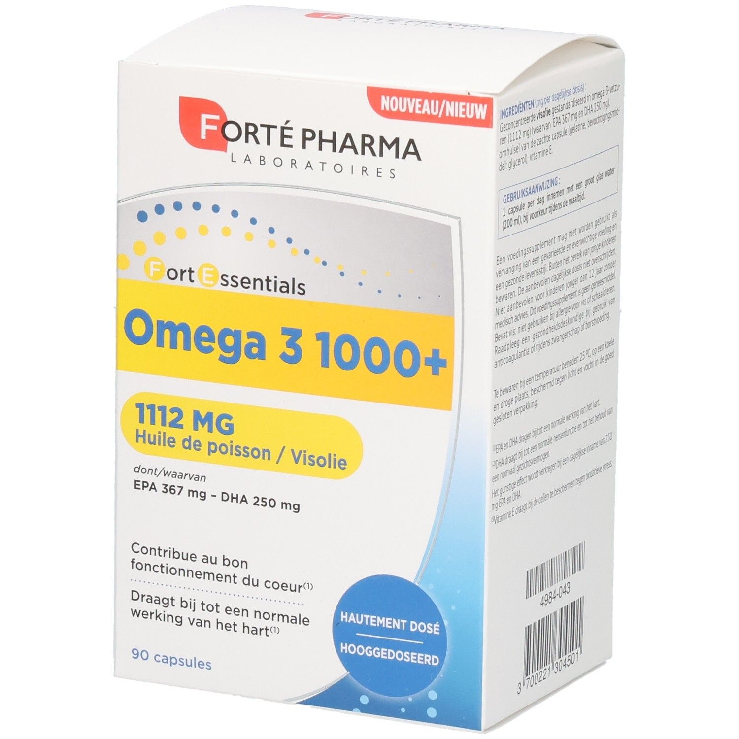 Forte Pharma Omega 3 1000+ capsules, 90 unités. Contient 1112 mg d'huile de poisson avec EPA et DHA.
