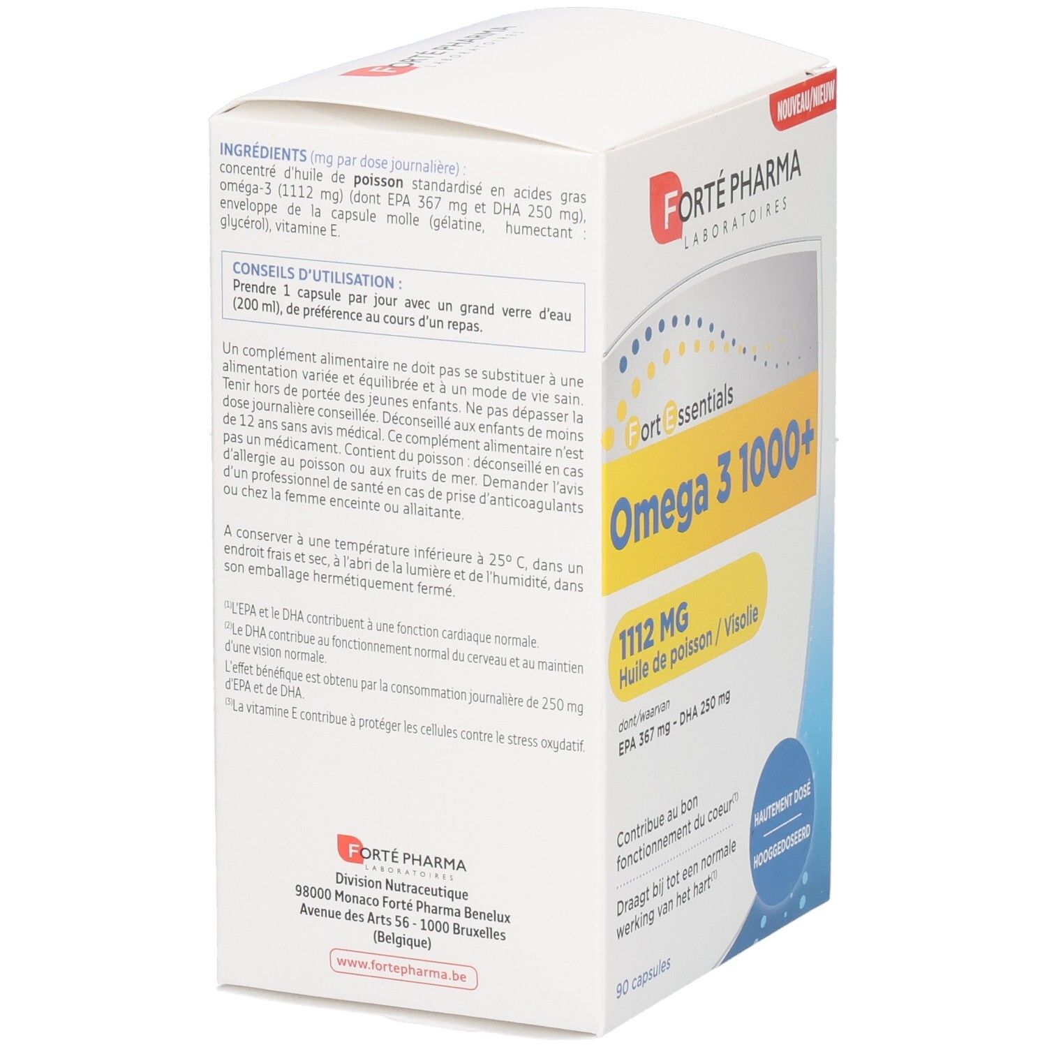 Dos de l'emballage Forte Pharma Omega 3 1000+ avec ingrédients et conseils d'utilisation.