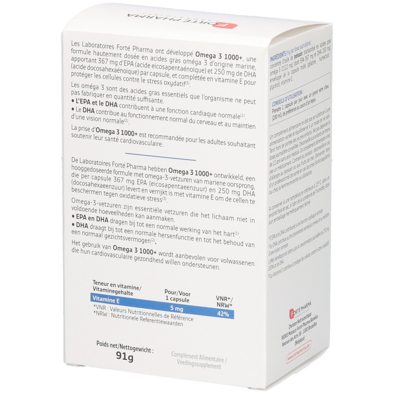 Vue latérale de l'emballage Forte Pharma Omega 3 1000+ avec informations détaillées.