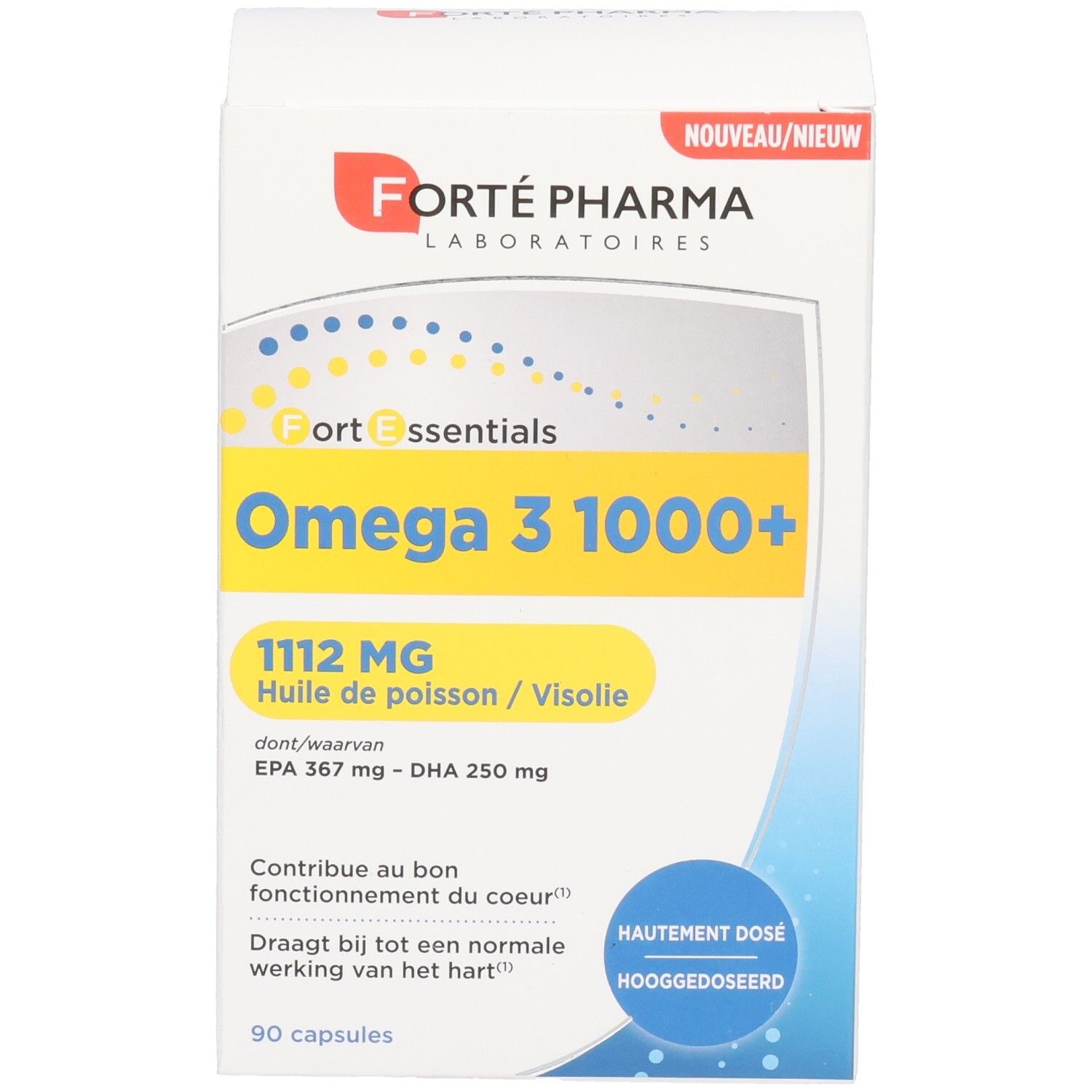 Face avant de l'emballage Forte Pharma Omega 3 1000+, montre 1112 mg d'huile de poisson, 90 capsules.