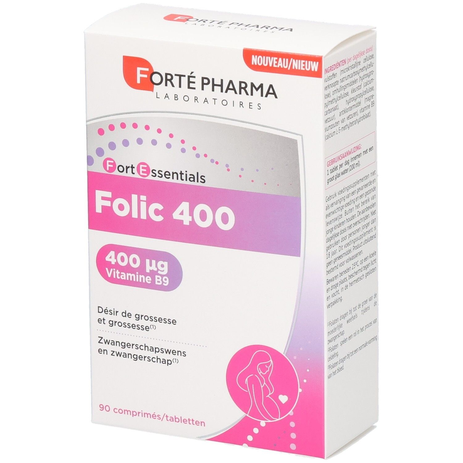 Boîte Forté Pharma Folic 400 de 90 comprimés, contient 400 µg de vitamine B9.