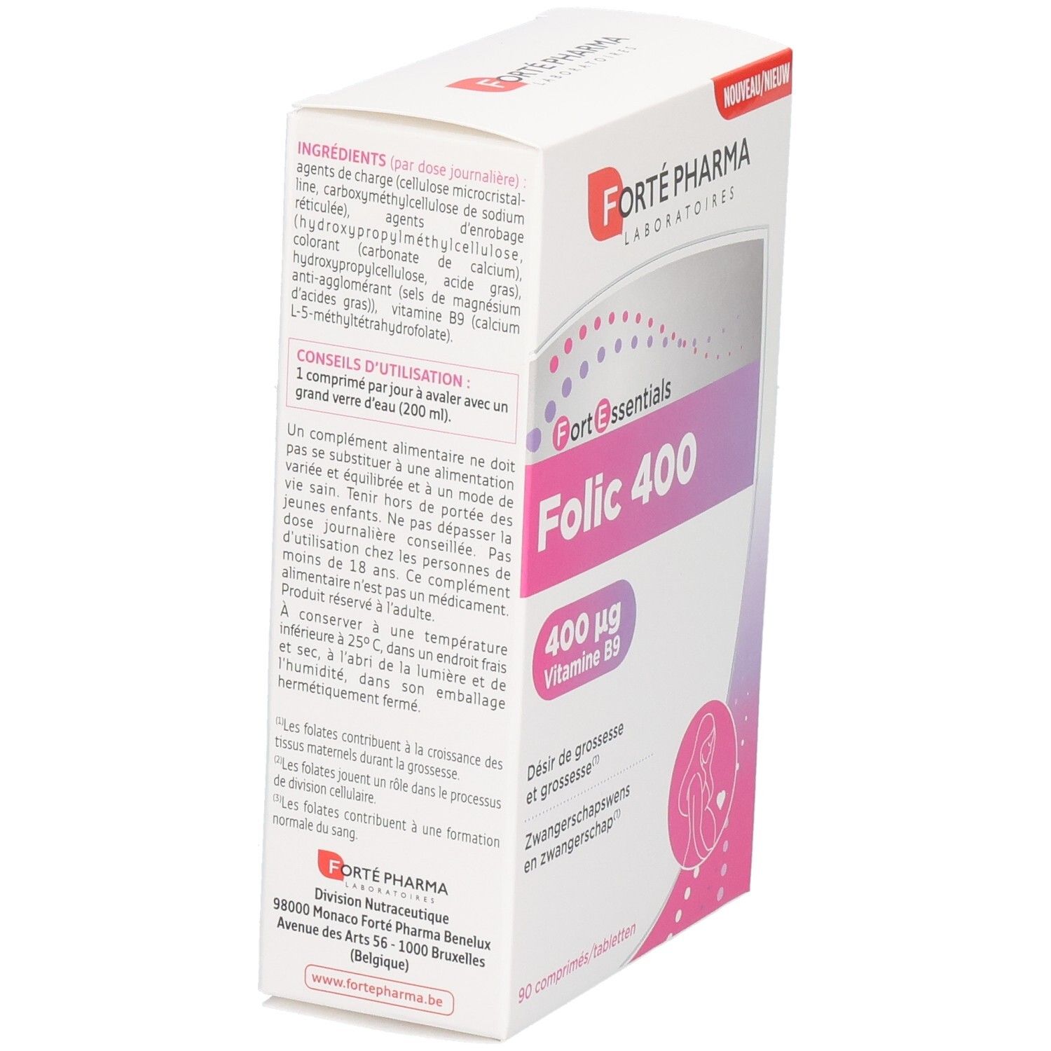 Arrière de la boîte Forté Pharma Folic 400 de 90 comprimés, avec informations sur les ingrédients et l'utilisation.