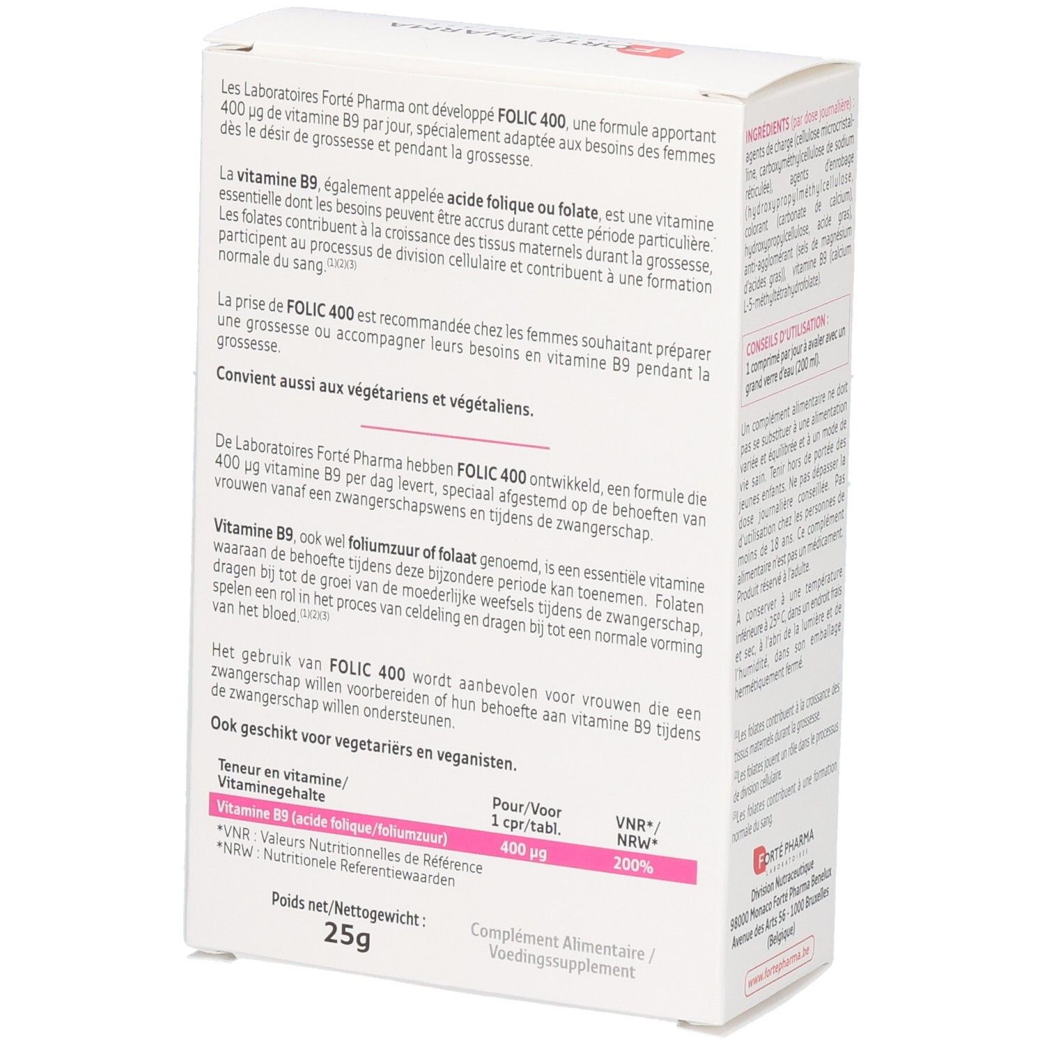 Côté de la boîte Forté Pharma Folic 400 de 90 comprimés, montrant les détails de la vitamine B9 et du dosage.