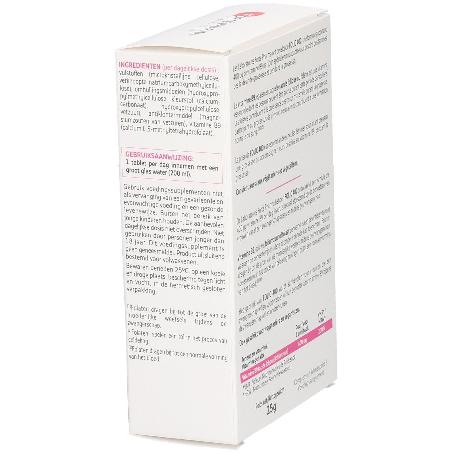Côté de la boîte Forté Pharma Folic 400 de 90 comprimés, avec instructions d'utilisation détaillées.