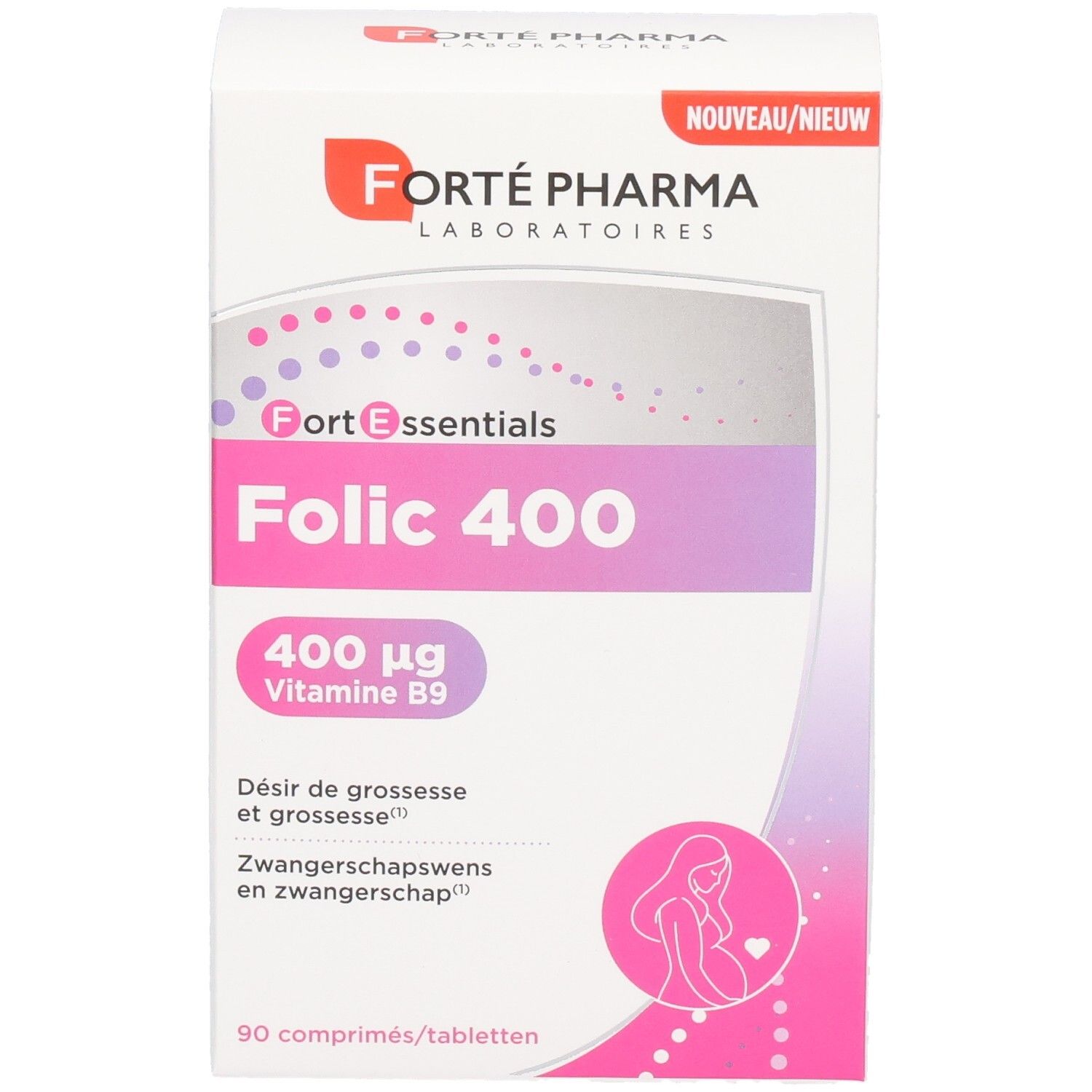 Boîte Forté Pharma Folic 400 de 90 comprimés, contient 400 µg de vitamine B9, pour désir de grossesse et grossesse.