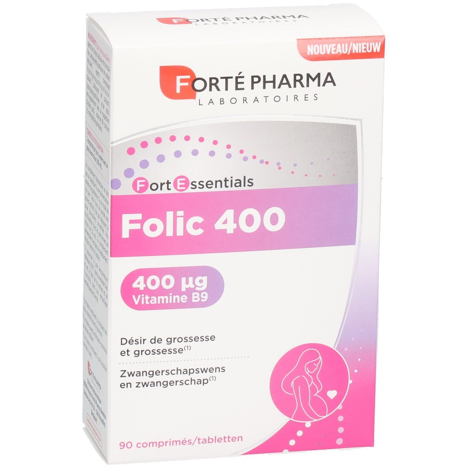 Boîte Forté Pharma Folic 400 de 90 comprimés, contient 400 µg de vitamine B9, pour désir de grossesse et grossesse.