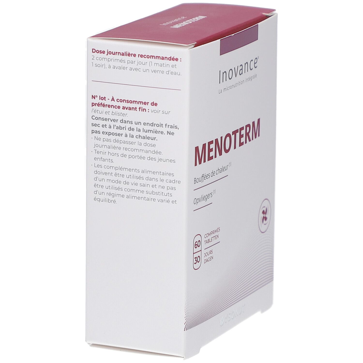 Boîte Inovance Menoterm, vue latérale. Texte: Menoterm, posologie, conseils de conservation. Logo et nom du produit.