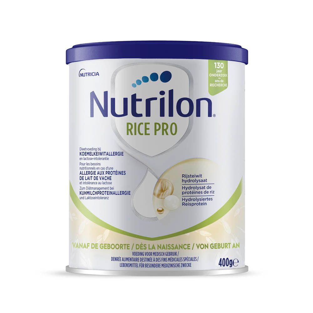 Instructions de préparation du lait infantile Nutrilon Rice Pro en cinq étapes.