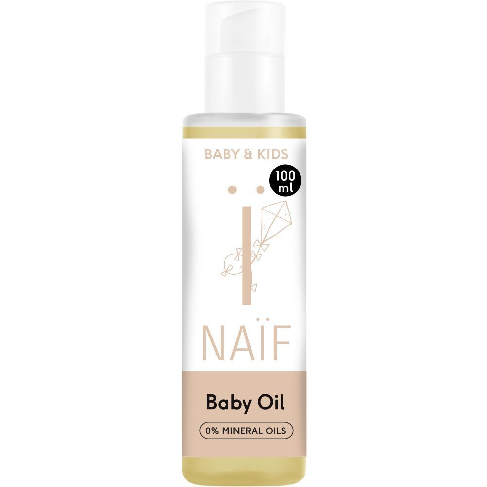Flacon d'huile pour bébé Naïf avec pompe. Inscription : Baby Oil, 0% huiles minérales. 100 ml.