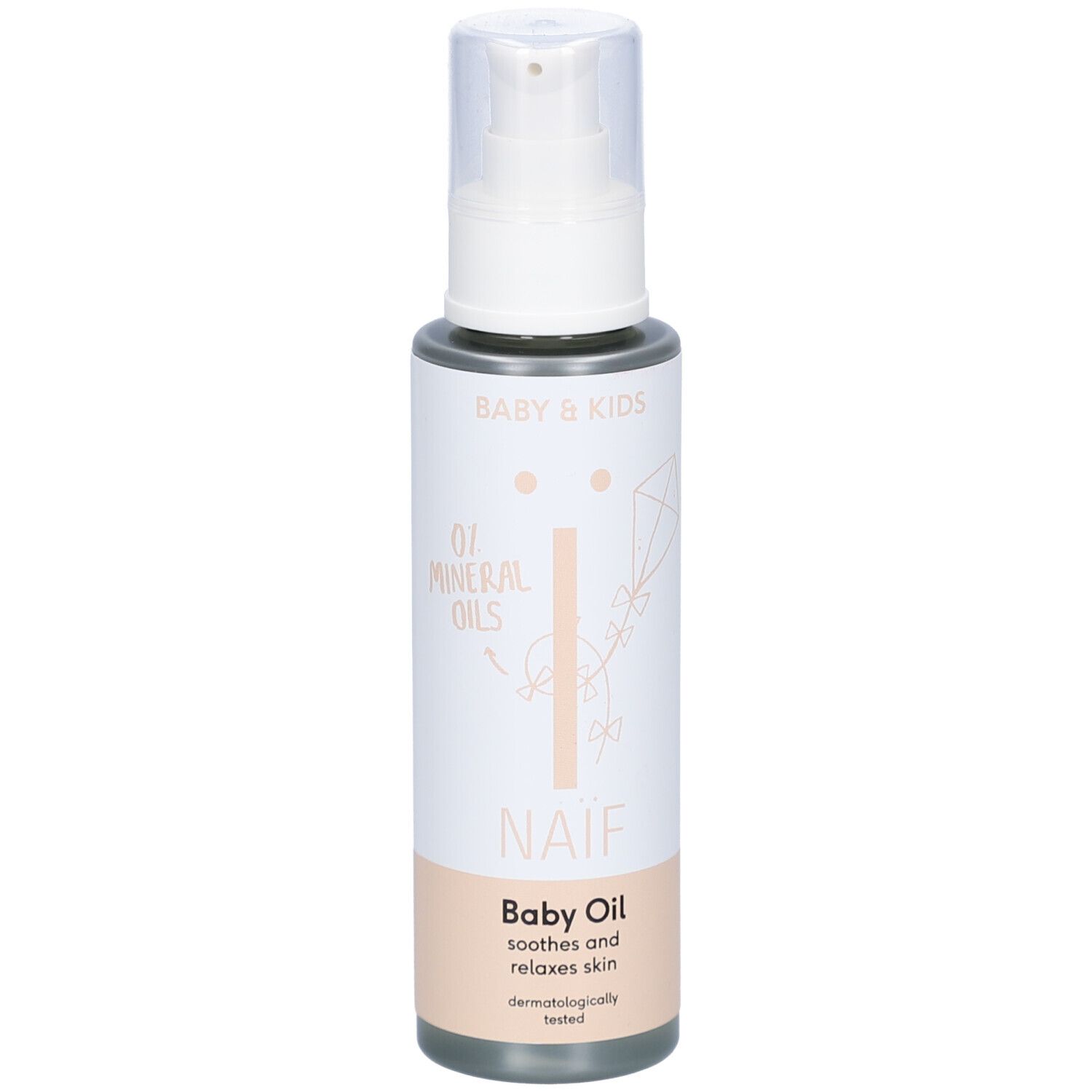 Flacon d'huile pour bébé Naïf avec pompe. Inscription : Baby Oil, 0% huiles minérales. Testé dermatologiquement.