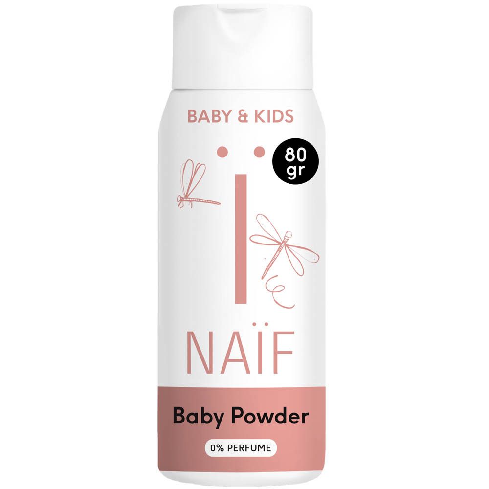 Flacon de poudre pour bébé Naïf. Blanc, bande rose. Inscriptions: Baby & Kids, 80 gr, Naïf, Baby Powder, 0% Parfum.