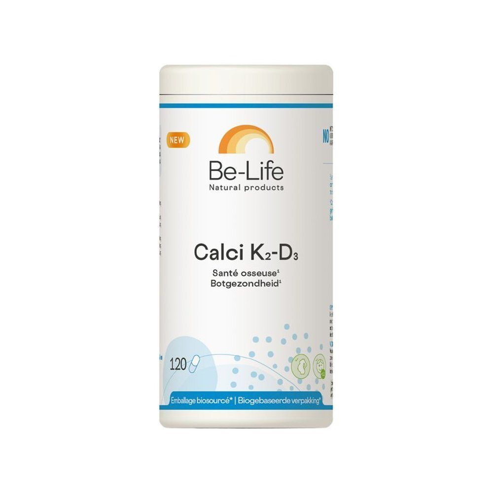 Boîte de Calci K2-D3, 120 gélules. Marque Be-Life. Texte en français et néerlandais. Fond blanc, couvercle blanc. Inscription Calci K2-D3.