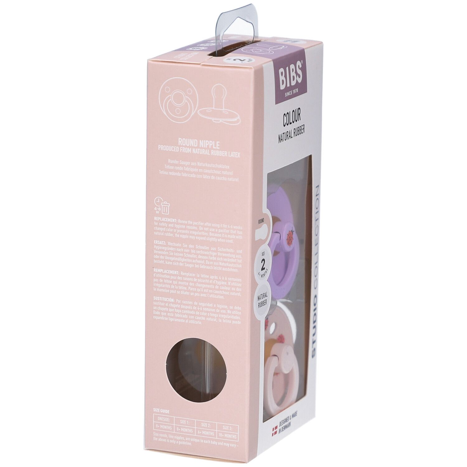 Boîte de deux sucettes. Tétines violettes et roses avec motifs coccinelles. Caoutchouc naturel. Marque BIBS.