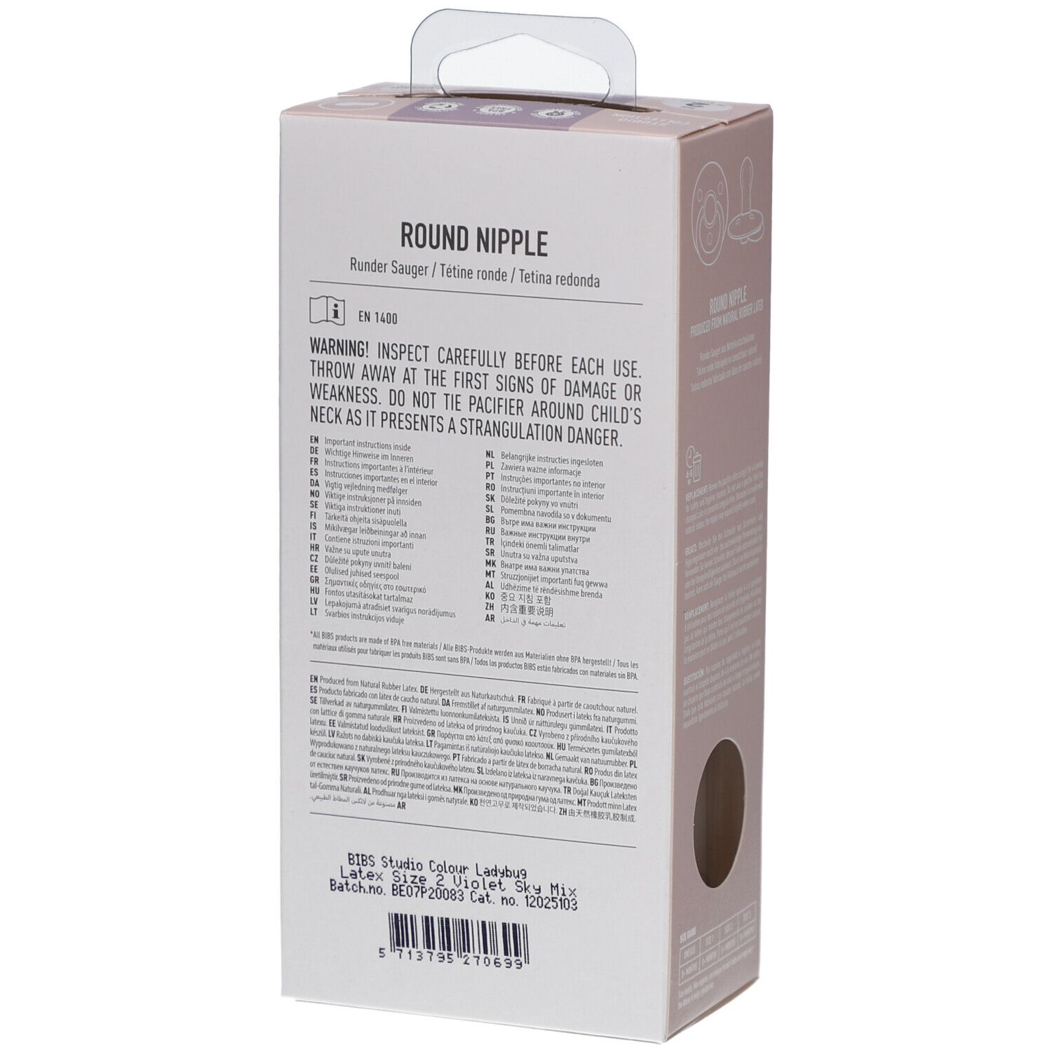 Dos de l'emballage de deux sucettes. Texte multilingue. Marque BIBS. Caoutchouc naturel.