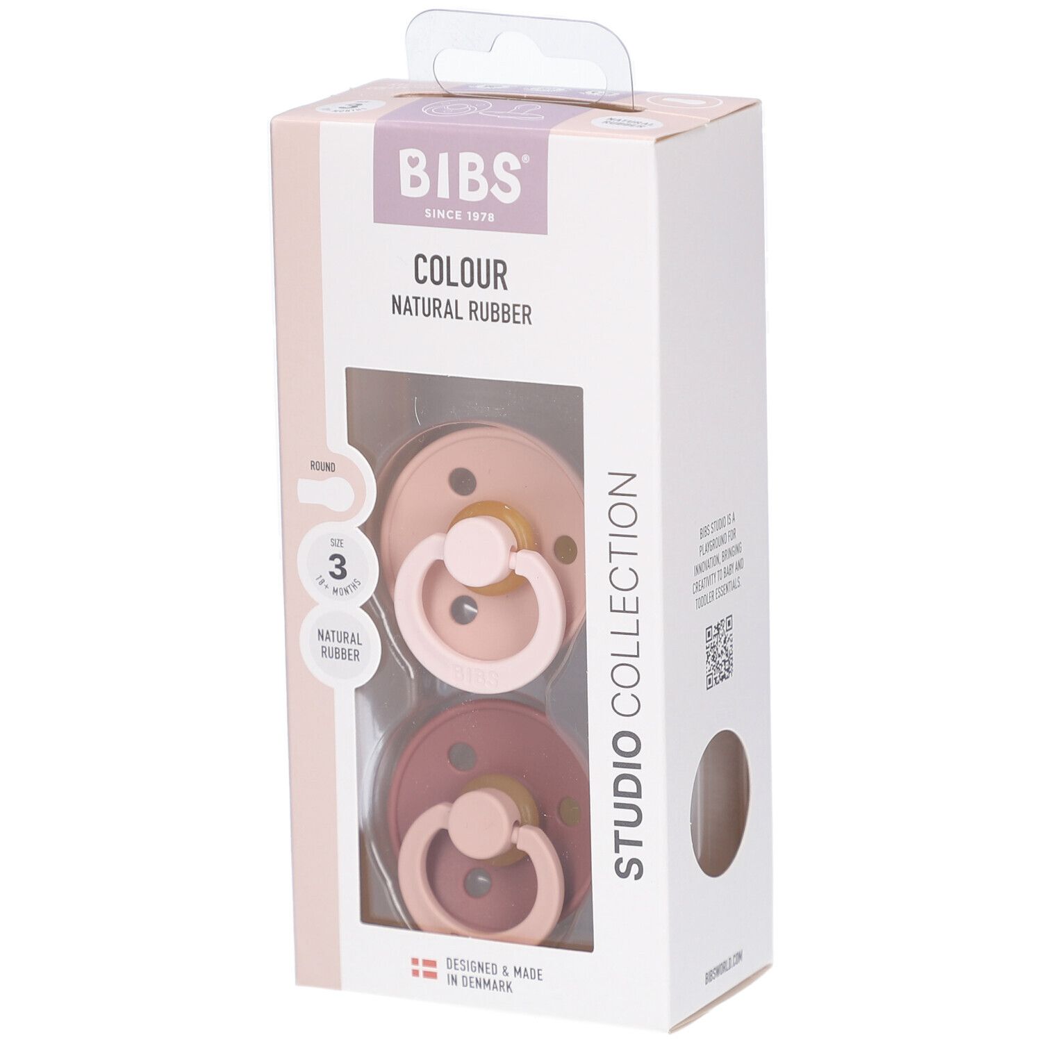 Emballage de deux sucettes. Logo BIBS et nom du produit. Fenêtre montrant les sucettes roses et marron. Taille 3.