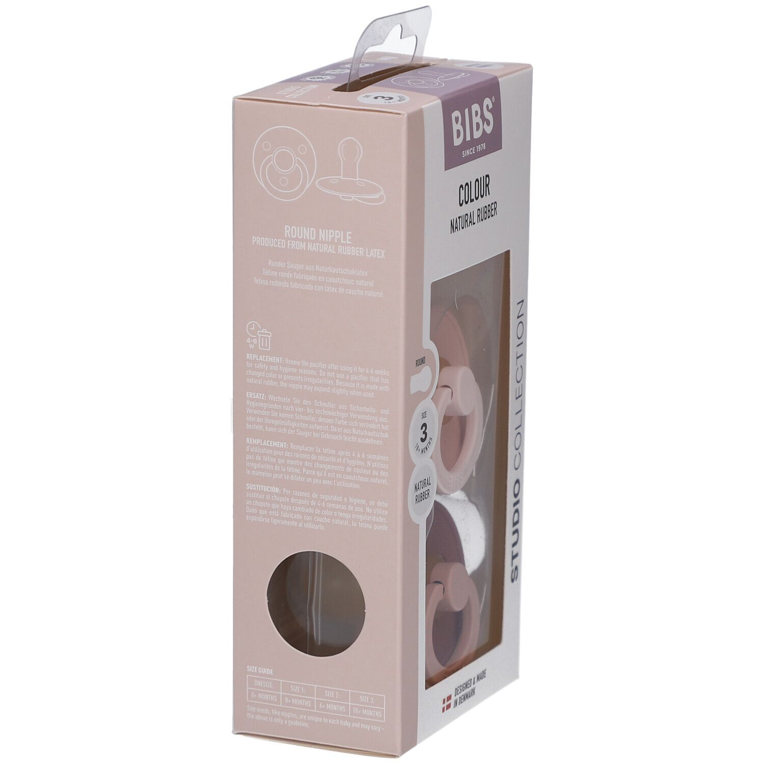 Vue latérale de l'emballage. Logo BIBS, informations et texte sur le produit. Fenêtre montrant les sucettes. Fabriqué au Danemark.