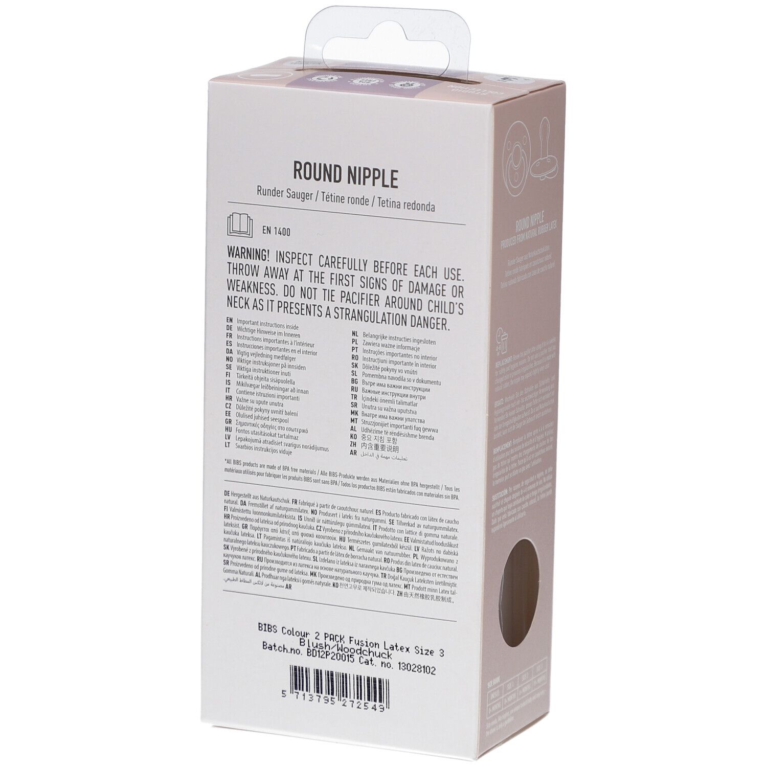 Dos de l'emballage. Texte en plusieurs langues. Avertissements et informations sur le produit. Fabriqué au Danemark.