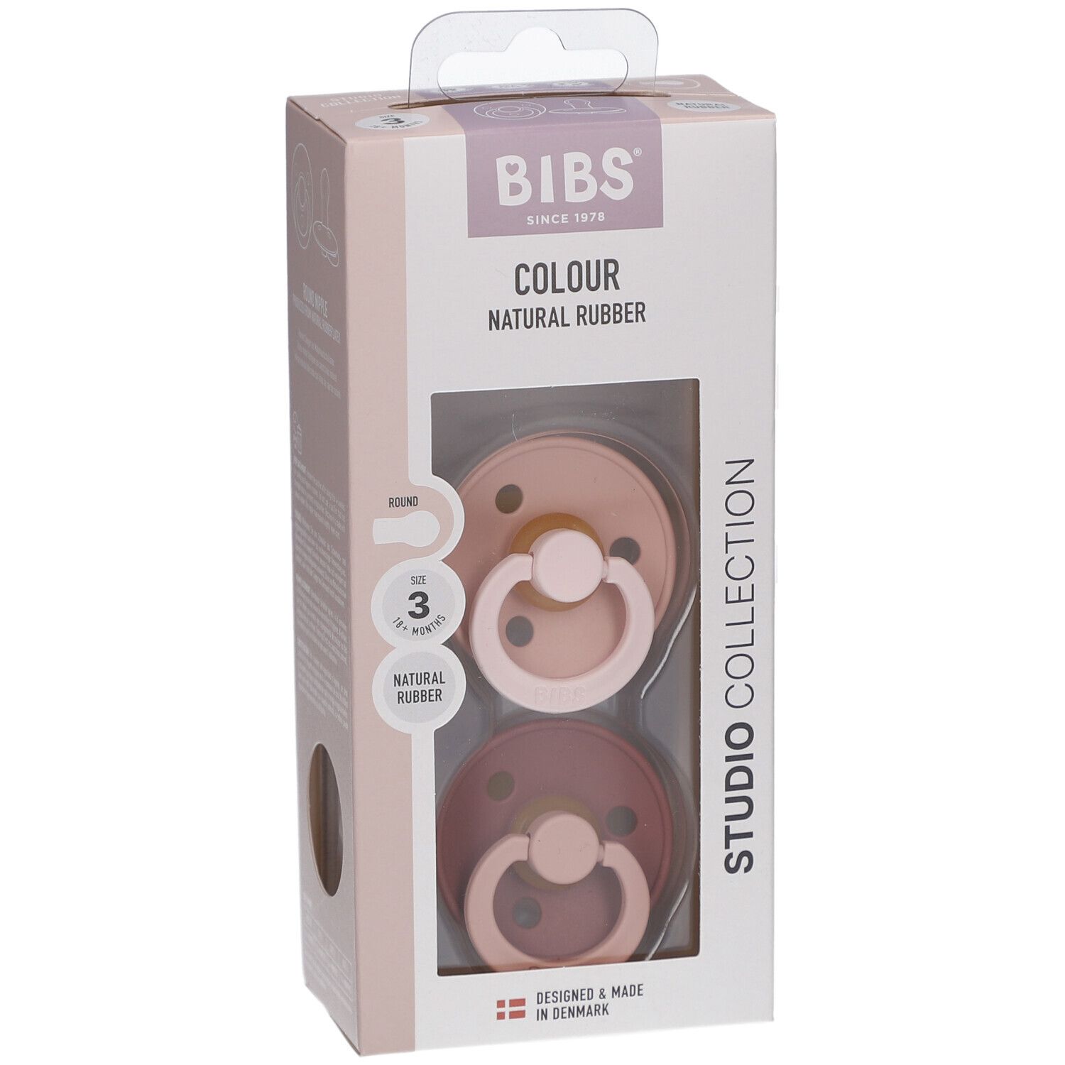 Emballage de deux sucettes. Logo BIBS et nom du produit. Fenêtre montrant les sucettes roses et marron. Taille 3.