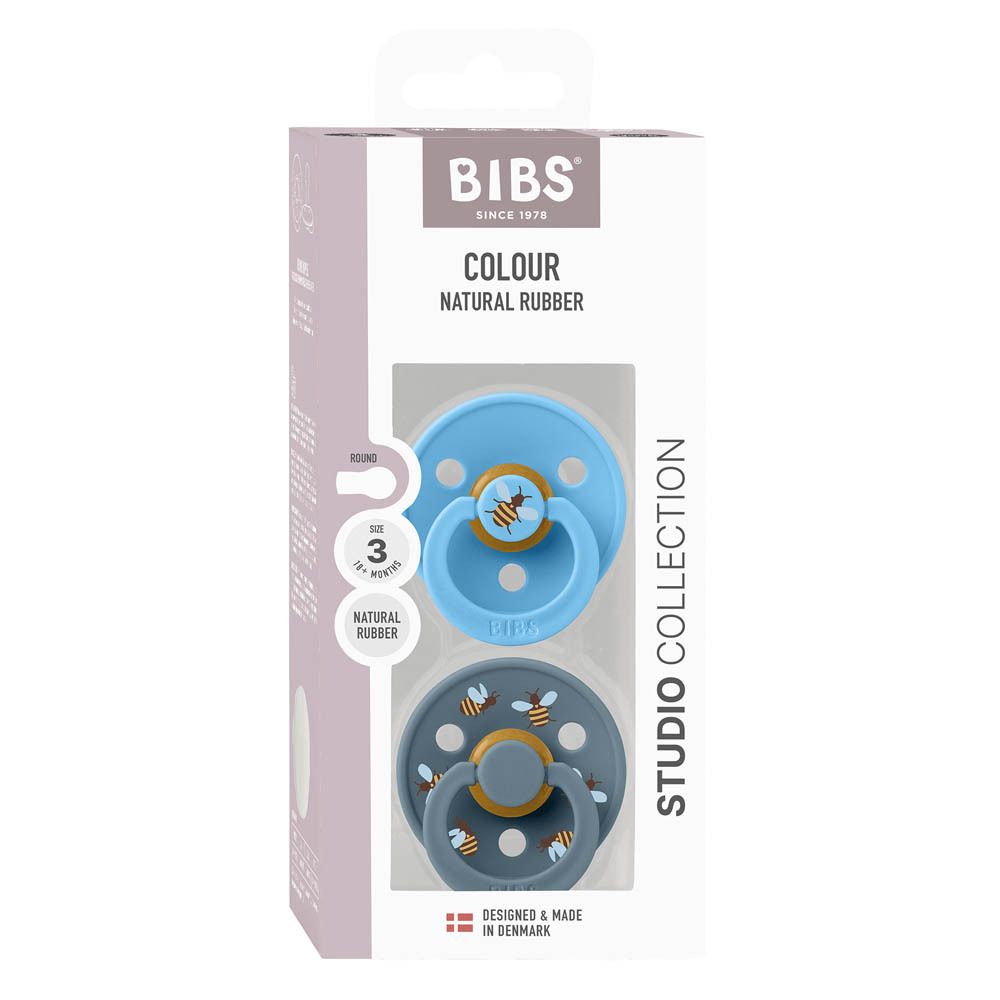 Boîte de deux sucettes BIBS. Sucettes bleues et bleu foncé avec motifs abeilles. Taille 3, 18+ mois.