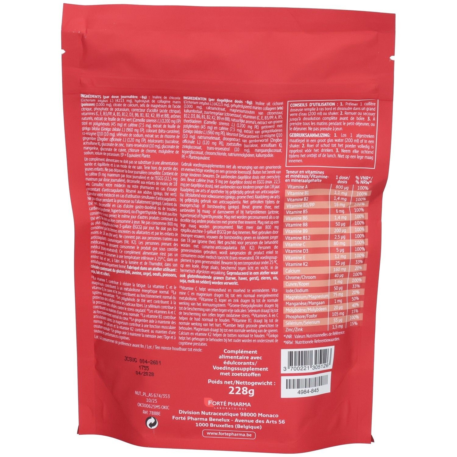 Dos d'un sachet rouge Forté Pharma Capital Santé avec informations nutritionnelles et instructions.