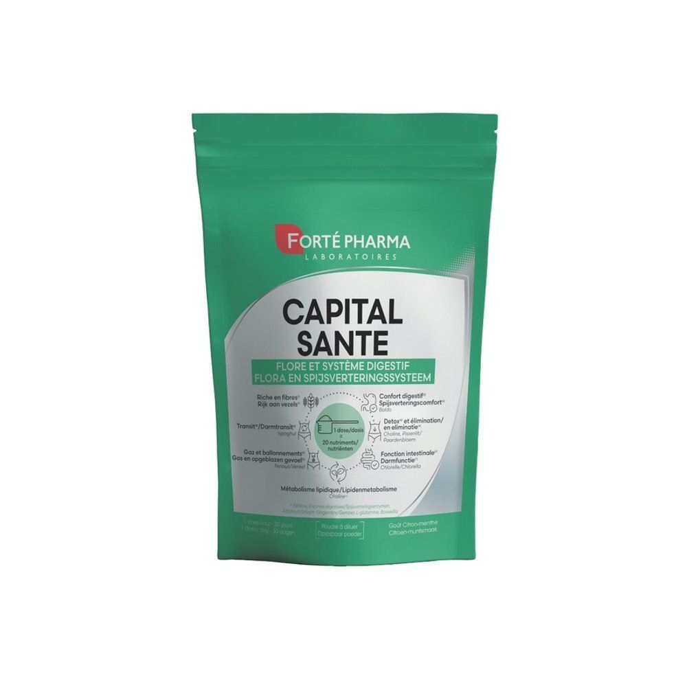 Sachet vert Forté Pharma Capital Santé Flore et Système Digestif. Contient 20 nutriments.