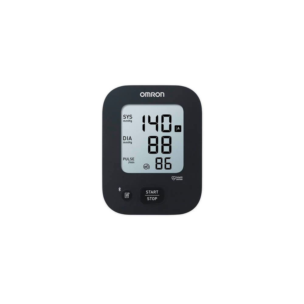 Écran OMRON M2+ Connect. Écran noir avec chiffres blancs. Bouton Start/Stop.