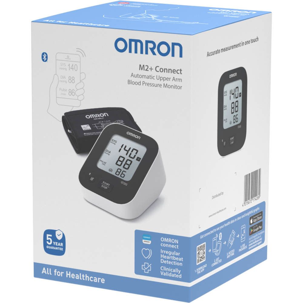 Tensiomètre OMRON M2+ Connect. Appareil, brassard et écran. Emballage.
