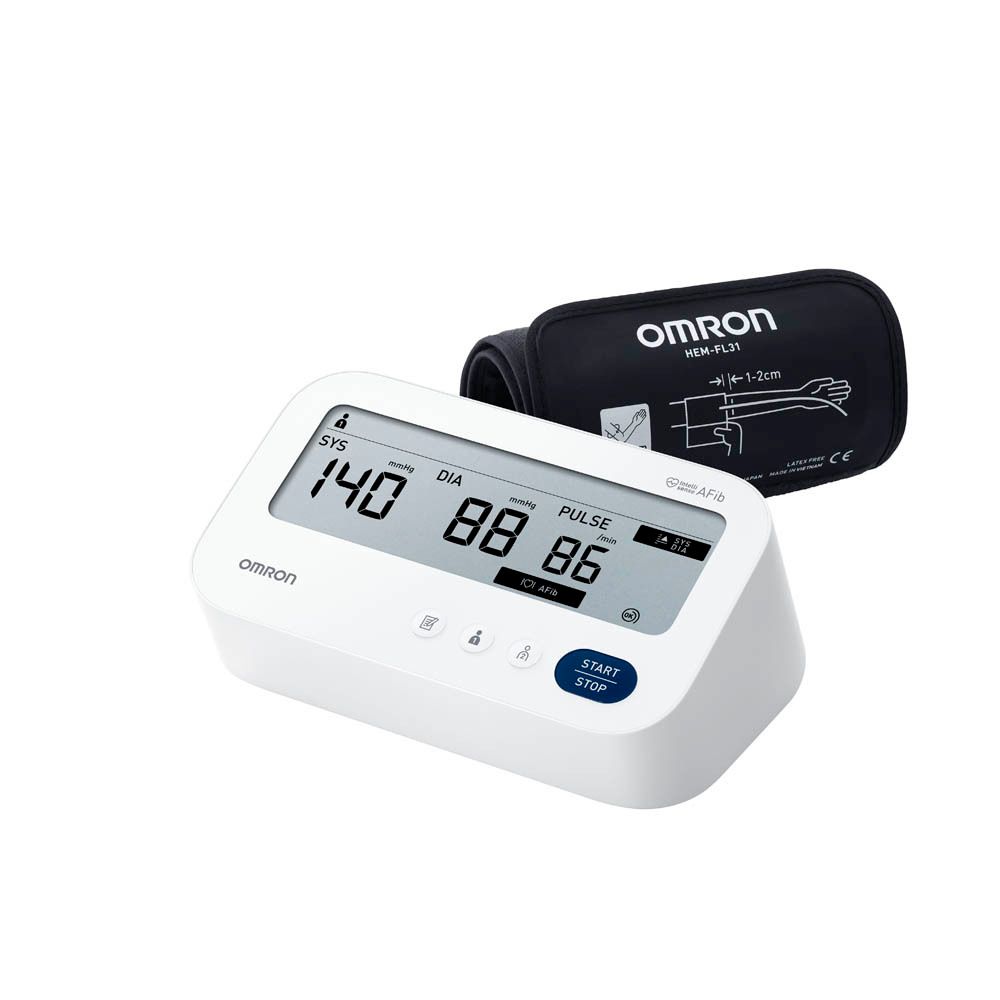 Appareil de mesure de la tension OMRON M3 Comfort AFib. Appareil, brassard et écran. Texte : AFib, réduit le risque d'AVC.