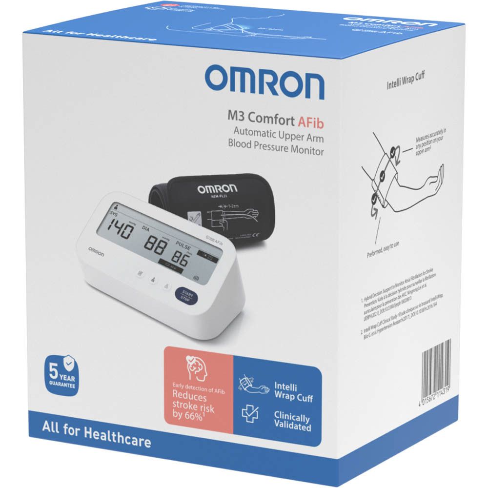 Appareil de mesure de la tension OMRON M3 Comfort AFib. Écran numérique avec valeurs et boutons. Texte : OMRON, Start/Stop.