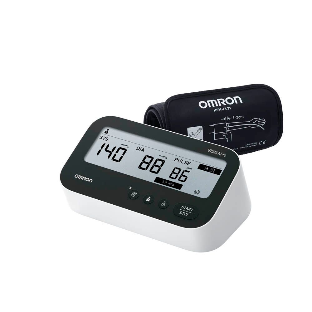 Moniteur de tension artérielle Omron M4 Connect AFib avec brassard et emballage. Illustration du cœur.